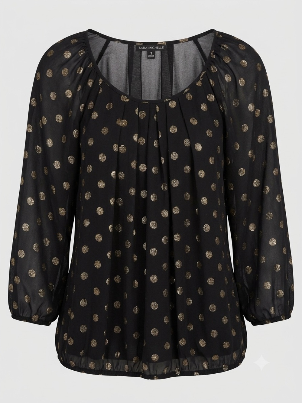 Sara Michelle Black Blouse with Metallic Gold Polka Print